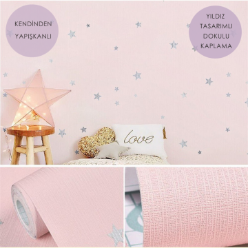 TechnoSmart 60cm×500cm Kendinden Yapışkanlı Yıldız Görünümlü Duvar Kağıdı Çocuk Odası Kaplama Dolap Pembe