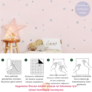 TechnoSmart 60cm×500cm Kendinden Yapışkanlı Yıldız Görünümlü Duvar Kağıdı Çocuk Odası Kaplama Dolap Pembe