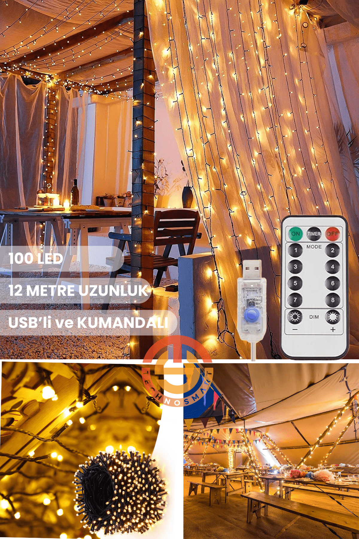 TechnoSmart 100 Ledli Usbli Kumandalı 8 Modlu Şerit Led Işık Parti Süsleme Organizasyon Sarı