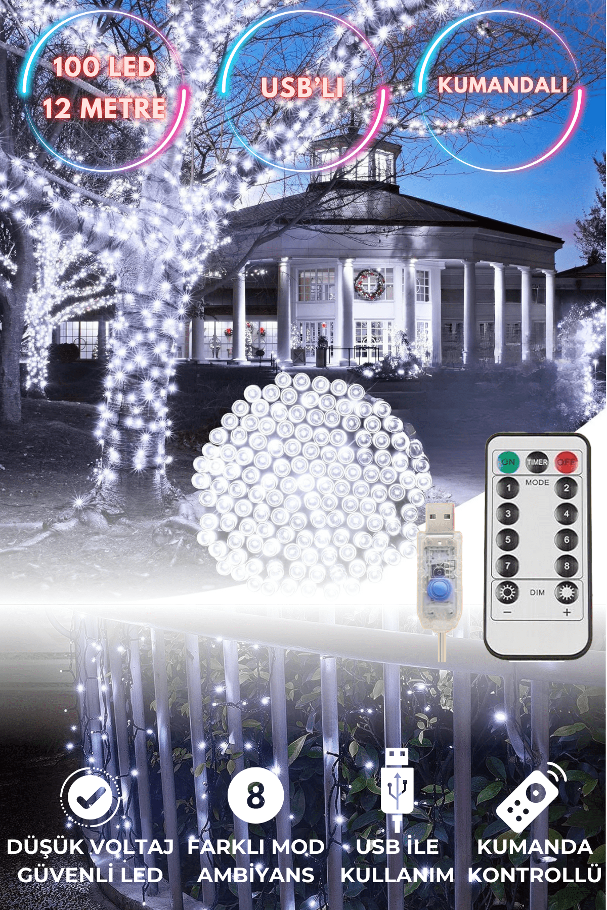TechnoSmart 100 Ledli Usbli Kumandalı 8 Modlu Şerit Led Işık Parti Süsleme Organizasyon Beyaz