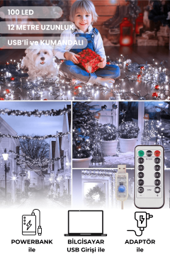 TechnoSmart 100 Ledli Usbli Kumandalı 8 Modlu Şerit Led Işık Parti Süsleme Organizasyon Beyaz