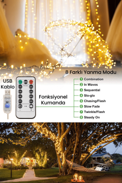 TechnoSmart 200 Ledli Usbli Kumandalı 8 Modlu Şerit Led Işık Parti Süsleme Organizasyon Sarı