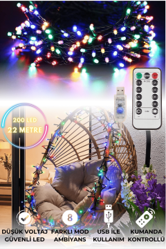 TechnoSmart 200 Ledli Usbli Kumandalı 8 Modlu Şerit Led Işık Parti Süsleme Organizasyon RGB