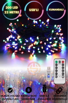TechnoSmart 200 Ledli Usbli Kumandalı 8 Modlu Şerit Led Işık Parti Süsleme Organizasyon RGB