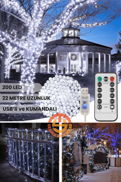TechnoSmart 200 Ledli Usbli Kumandalı 8 Modlu Şerit Led Işık Parti Süsleme Organizasyon Beyaz
