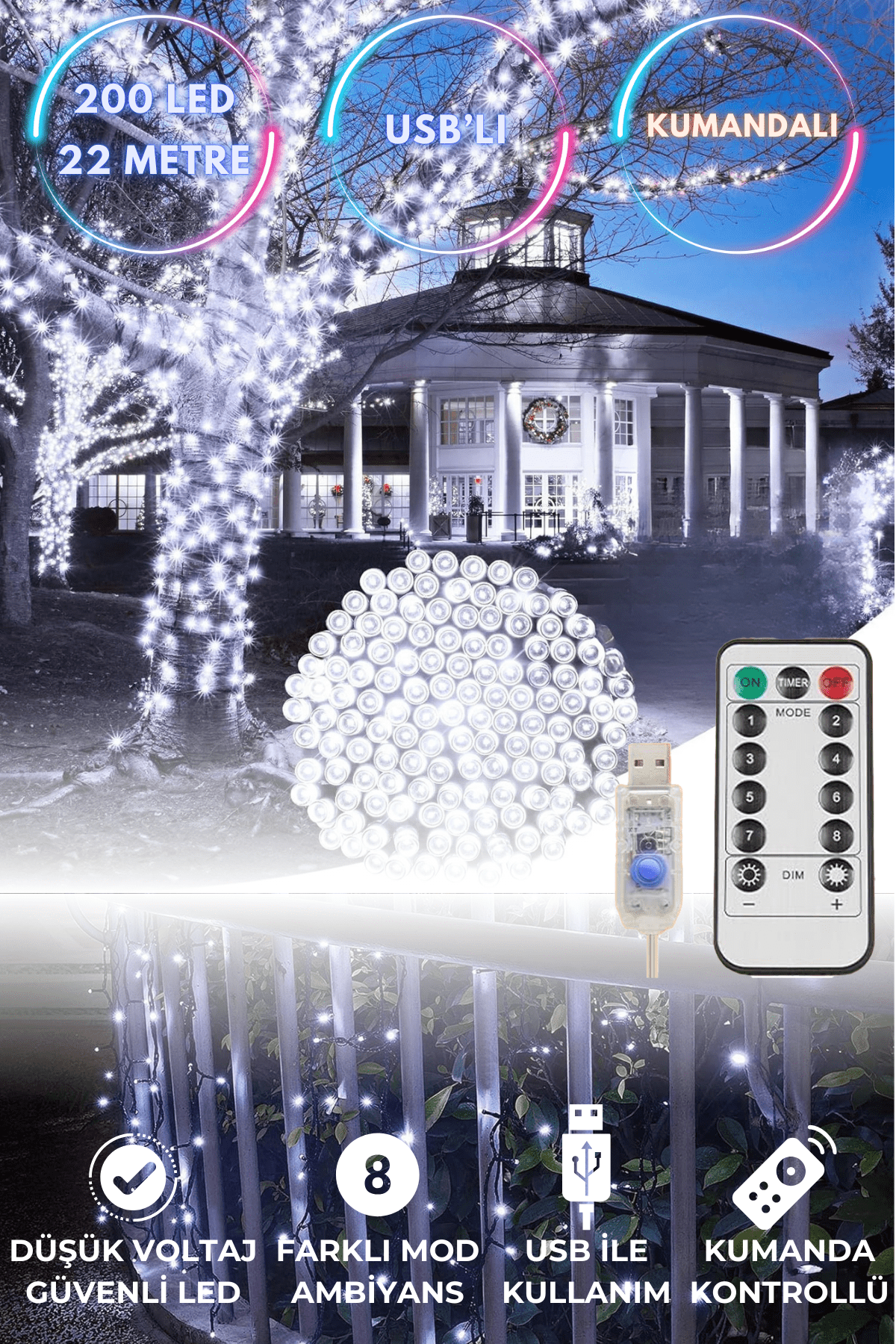 TechnoSmart 200 Ledli Usbli Kumandalı 8 Modlu Şerit Led Işık Parti Süsleme Organizasyon Beyaz