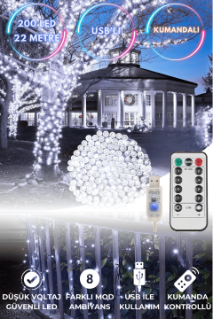 TechnoSmart 200 Ledli Usbli Kumandalı 8 Modlu Şerit Led Işık Parti Süsleme Organizasyon Beyaz