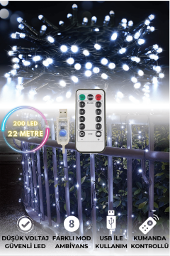 TechnoSmart 200 Ledli Usbli Kumandalı 8 Modlu Şerit Led Işık Parti Süsleme Organizasyon Beyaz