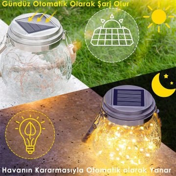 Güneş Enerjili Led Işıklı Cam Solar Sarkıt Küre Bahçe Dekoratif Aydınlatma ve Balkon Lambası