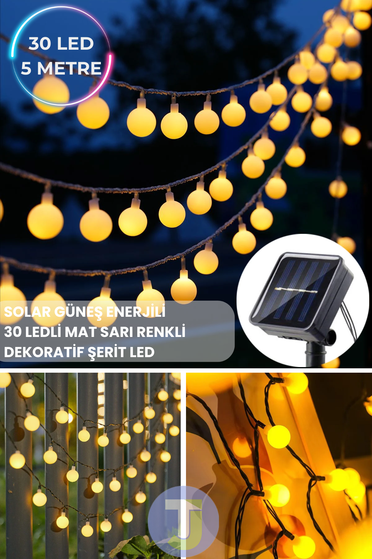 TechnoSmart Solar 30 Ledli Top 8 Modlu Sarı Işık Bahçe Aydınlatma Dekorasyon Güneş Enerjili