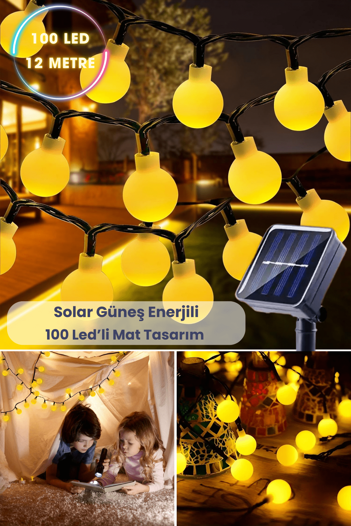 TechnoSmart Solar 100 Ledli Top 8 Modlu Sarı Işık Bahçe Aydınlatma Dekorasyon Güneş Enerjili