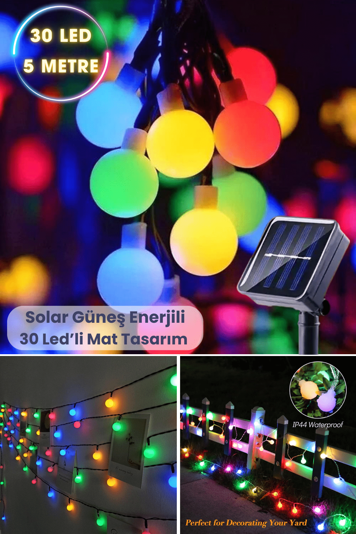 TechnoSmart Solar 30 Ledli Top 8 Modlu Çok Renkli Işık Bahçe Aydınlatma Dekorasyon Güneş Enerjili