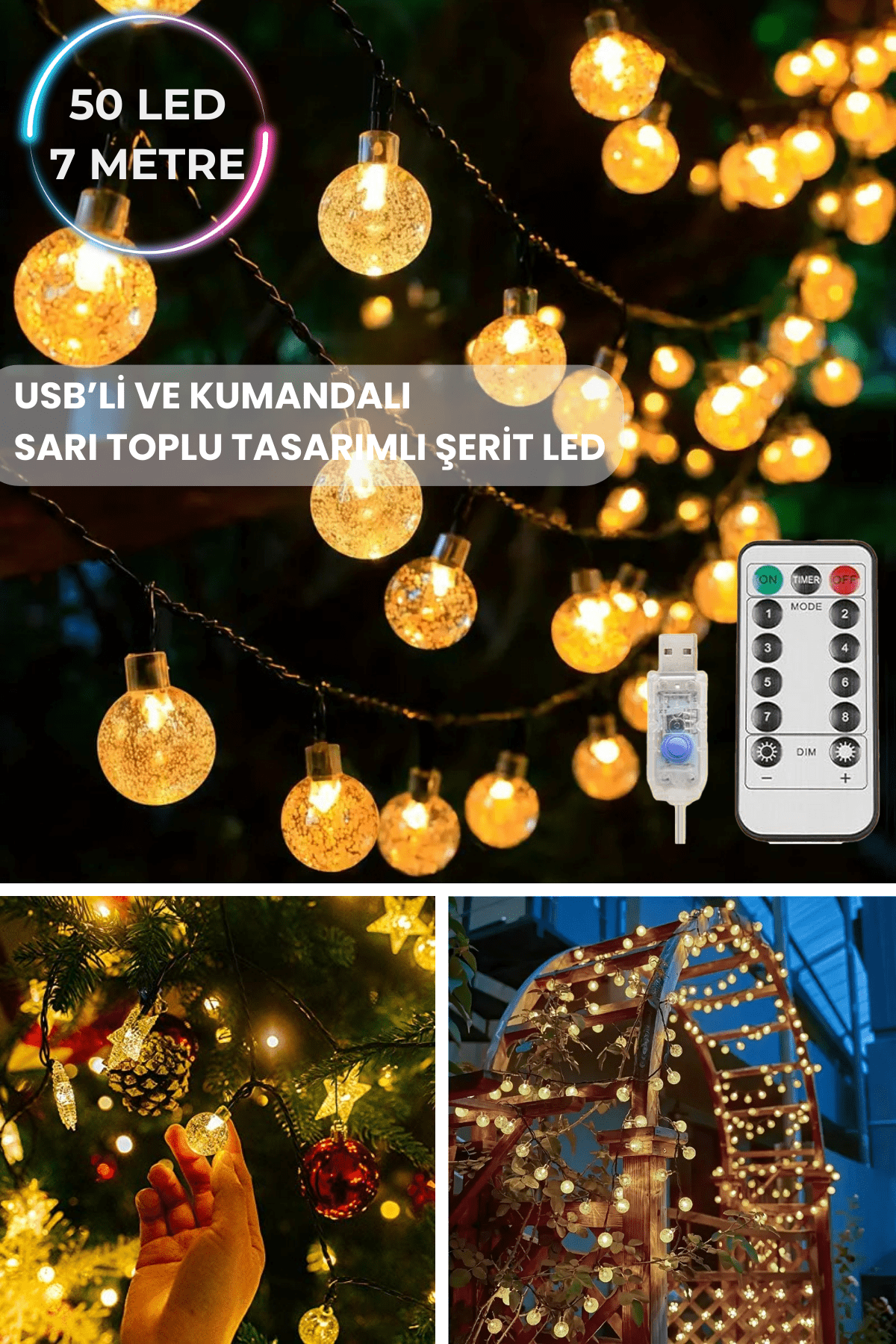 TechnoSmart 50 Ledli Usbli Kumandalı 8 Modlu Kristal Toplu Işık Parti Süsleme Organizasyon Sarı
