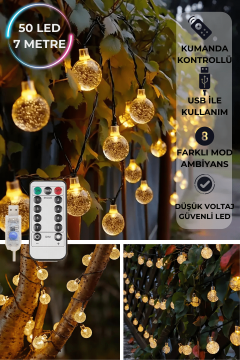 TechnoSmart 50 Ledli Usbli Kumandalı 8 Modlu Kristal Toplu Işık Parti Süsleme Organizasyon Sarı