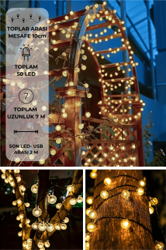 TechnoSmart 50 Ledli Usbli Kumandalı 8 Modlu Kristal Toplu Işık Parti Süsleme Organizasyon Sarı