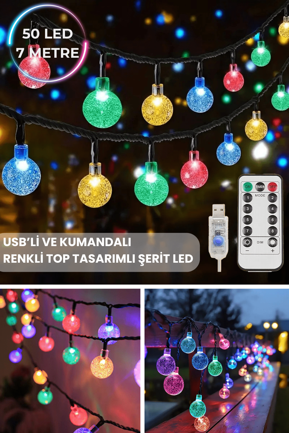 TechnoSmart 50 Ledli Usbli Kumandalı 8 Modlu Kristal Toplu Işık Parti Süsleme Organizasyon RGB