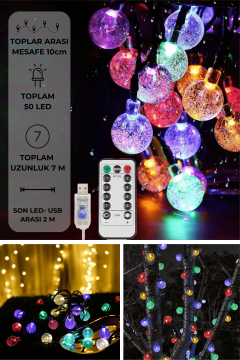 TechnoSmart 50 Ledli Usbli Kumandalı 8 Modlu Kristal Toplu Işık Parti Süsleme Organizasyon RGB