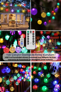 TechnoSmart 50 Ledli Usbli Kumandalı 8 Modlu Kristal Toplu Işık Parti Süsleme Organizasyon RGB