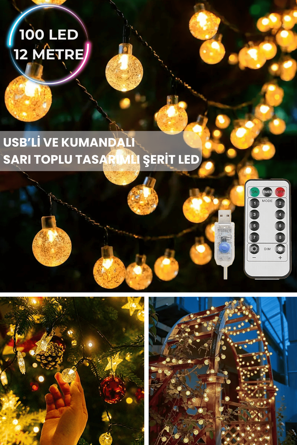 TechnoSmart 100 Ledli Usbli Kumandalı 8 Modlu Kristal Toplu Işık Parti Süsleme Organizasyon