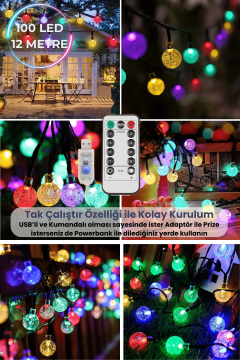 TechnoSmart 100 Ledli Usbli Kumandalı 8 Modlu Kristal Toplu Işık Parti Süsleme Organizasyon RGB