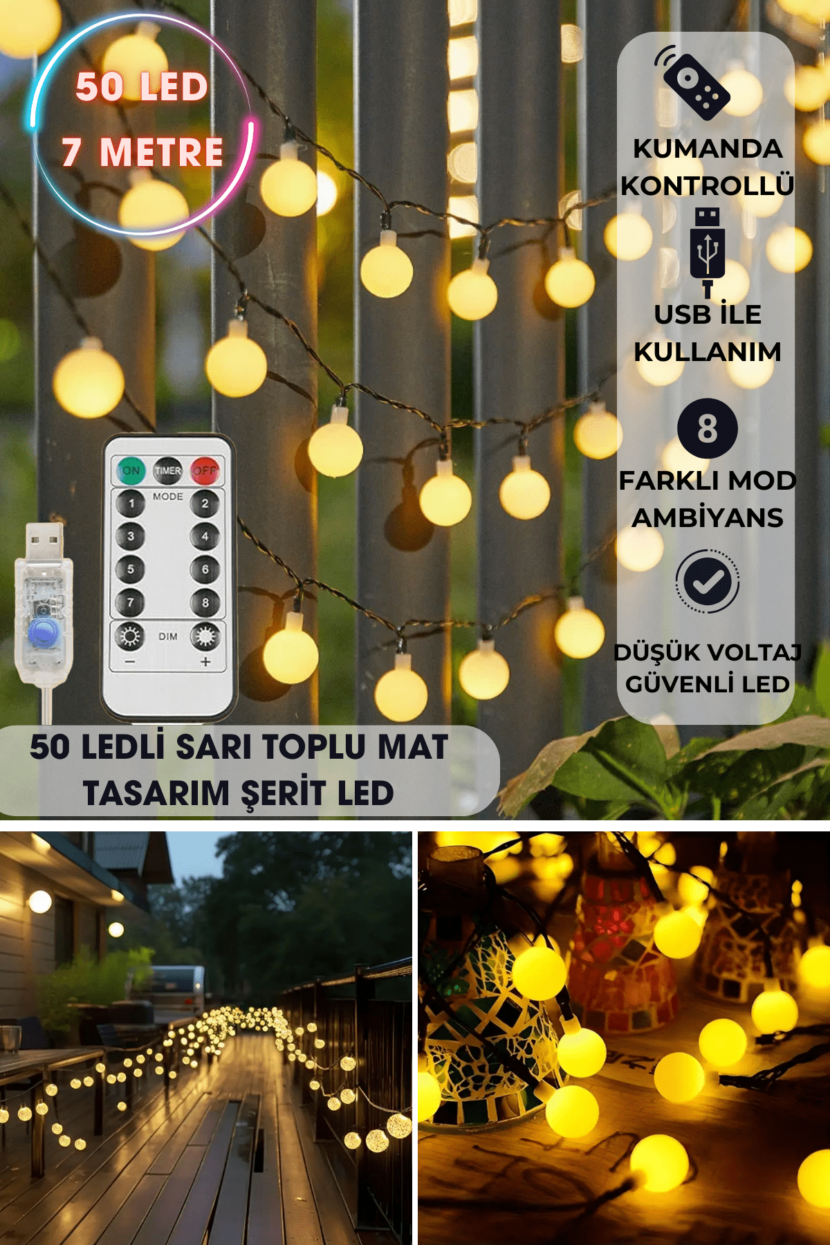 TechnoSmart 50 Ledli Usbli Kumandalı 8 Modlu 8 Metre Toplu Işık Parti Süsleme Organizasyon