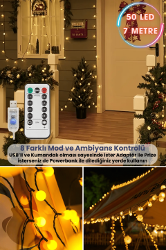 TechnoSmart 50 Ledli Usbli Kumandalı 8 Modlu 8 Metre Toplu Işık Parti Süsleme Organizasyon Sarı