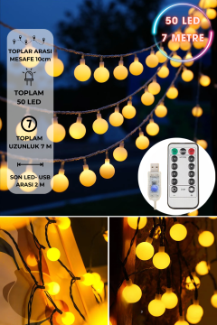 TechnoSmart 50 Ledli Usbli Kumandalı 8 Modlu 8 Metre Toplu Işık Parti Süsleme Organizasyon Sarı