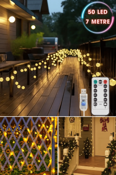 TechnoSmart 50 Ledli Usbli Kumandalı 8 Modlu 8 Metre Toplu Işık Parti Süsleme Organizasyon Sarı