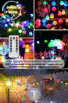 TechnoSmart 50 Ledli Usbli Kumandalı 8 Modlu 8 Metre Toplu Işık Parti Süsleme Organizasyon RGB