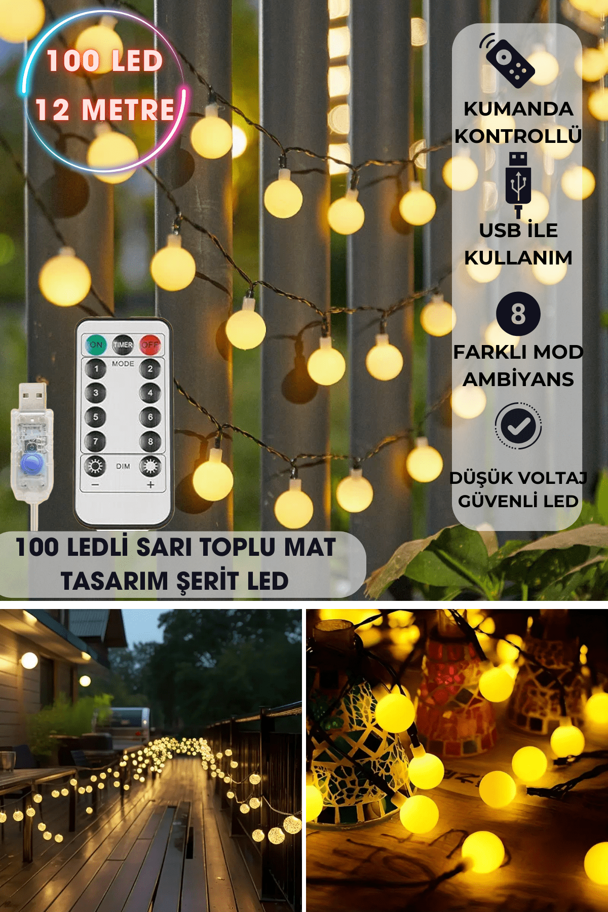 TechnoSmart 100 Ledli Usbli Kumandalı 8 Modlu 12 Metre Toplu Işık Parti Süsleme Organizasyon Sarı