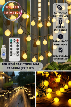 TechnoSmart 100 Ledli Usbli Kumandalı 8 Modlu 12 Metre Toplu Işık Parti Süsleme Organizasyon Sarı