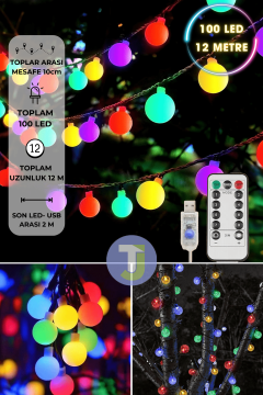 TechnoSmart 100 Ledli Usbli Kumandalı 8 Modlu 12 Metre Toplu Işık Parti Süsleme Organizasyon RGB