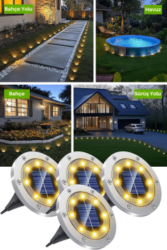TechnoSmart Solar 4Adet Yeni Model Zemin Bahçe Aydınlatma Güneş Enerjili Çelik Malzeme Sarı Işık