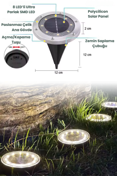 TechnoSmart Solar 4Adet Yeni Model Zemin Bahçe Aydınlatma Güneş Enerjili Çelik Malzeme Sarı Işık