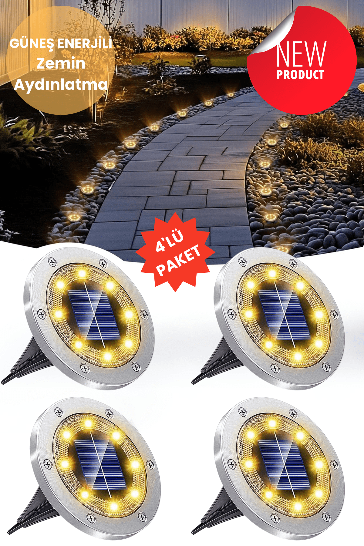 TechnoSmart Solar 4Adet Yeni Model Zemin Bahçe Aydınlatma Güneş Enerjili Çelik Malzeme Sarı Işık