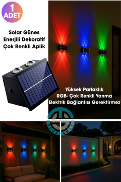 TechnoSmart 1Adet Güneş Enerjili Çift Taraflı 4 Ledli Aplik RGB Işık Duvar Lambası Bahçe Aydınlatma
