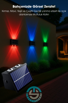 TechnoSmart 1Adet Güneş Enerjili Çift Taraflı 4 Ledli Aplik RGB Işık Duvar Lambası Bahçe Aydınlatma