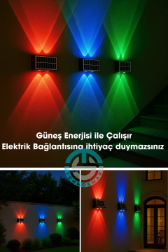 TechnoSmart 1Adet Güneş Enerjili Çift Taraflı 4 Ledli Aplik RGB Işık Duvar Lambası Bahçe Aydınlatma