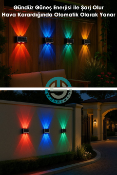 TechnoSmart 1Adet Güneş Enerjili Çift Taraflı 4 Ledli Aplik RGB Işık Duvar Lambası Bahçe Aydınlatma