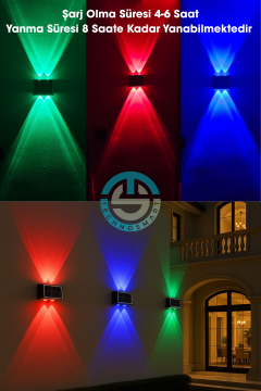 TechnoSmart 1Adet Güneş Enerjili Çift Taraflı 4 Ledli Aplik RGB Işık Duvar Lambası Bahçe Aydınlatma