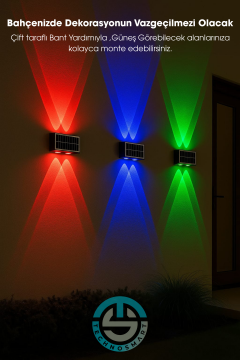 TechnoSmart 1Adet Güneş Enerjili Çift Taraflı 4 Ledli Aplik RGB Işık Duvar Lambası Bahçe Aydınlatma