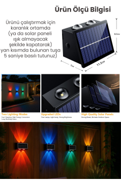 TechnoSmart 1Adet Güneş Enerjili Çift Taraflı 4 Ledli Aplik RGB Işık Duvar Lambası Bahçe Aydınlatma