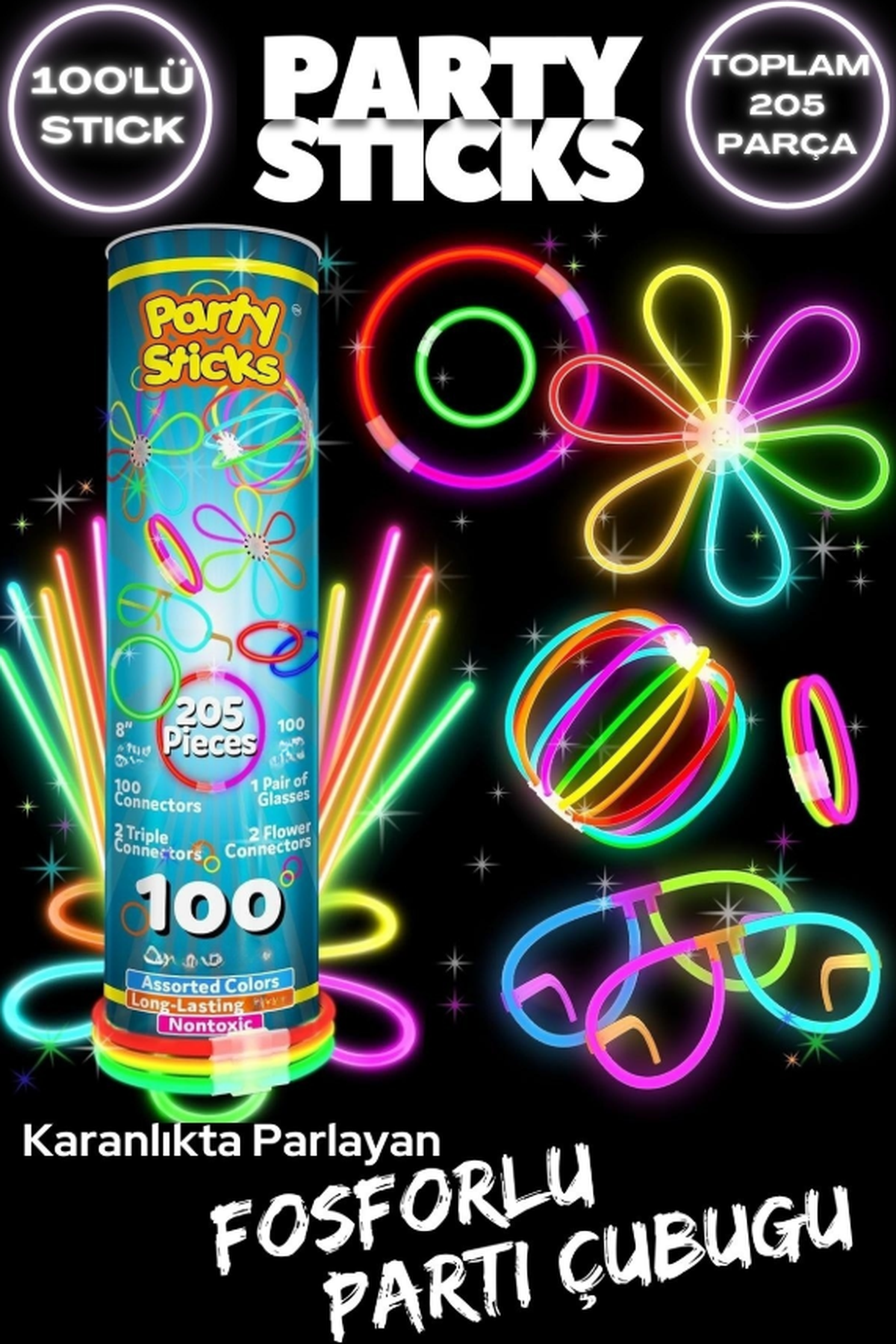 TechnoSmart 205 Parça Fosforlu Parti Çubuğu Seti 100 Fosforlu Çubuk Gözlük Bileklik Çiçek Aparatlı