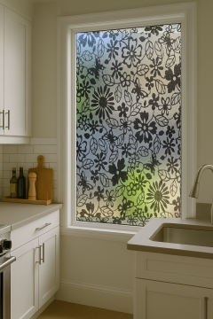 Technosmart | 45x150cm | Siyah Çiçek Desenli Statik Cam Kaplama Filmi Folyo | Mutfak Ofis Pencere