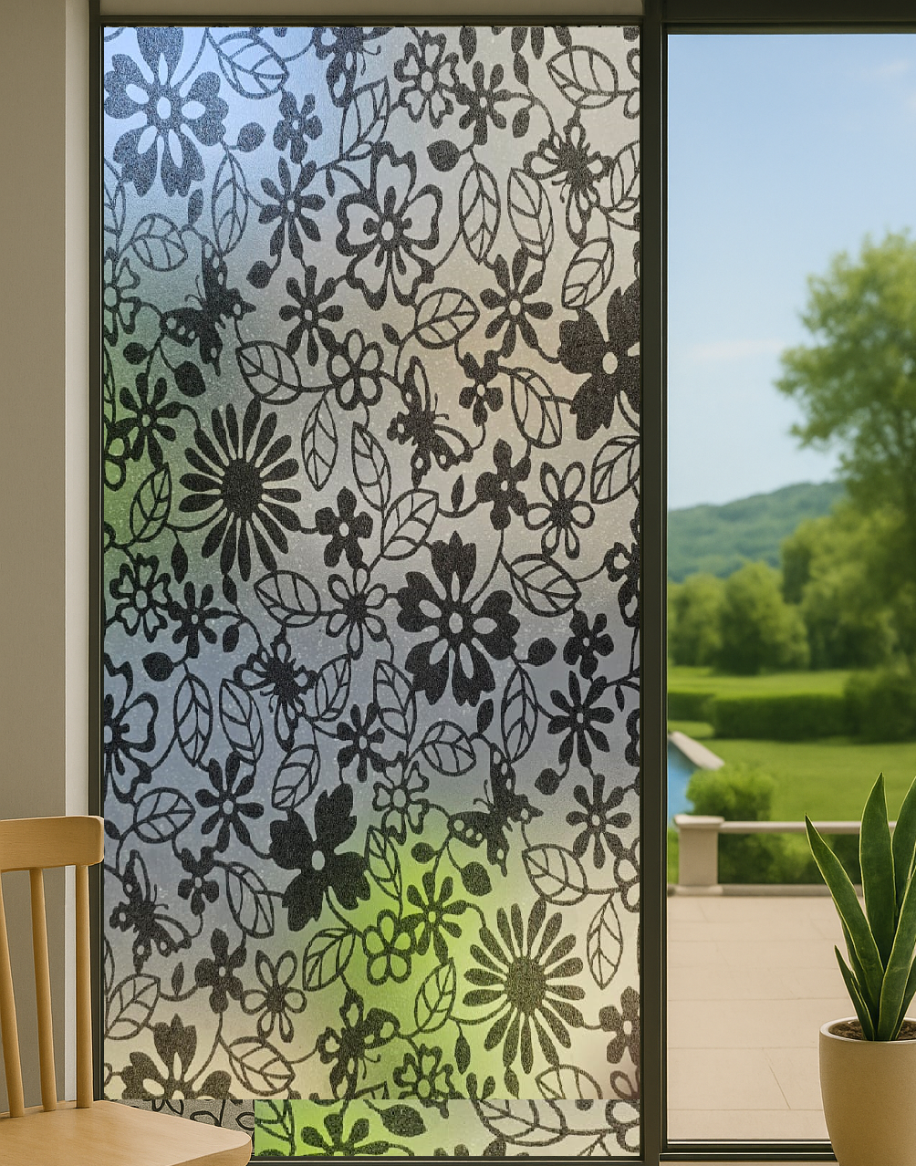 Technosmart | 45x150cm | Siyah Çiçek Desenli Statik Cam Kaplama Filmi Folyo | Mutfak Ofis Pencere