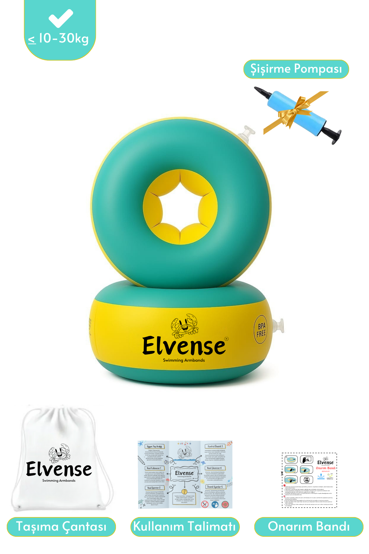 Elvense Çocuk Yüzme Kolluğu Seti (10-30 kg) – Pompalı + Taşıma Çantalı Sarı/Mavi