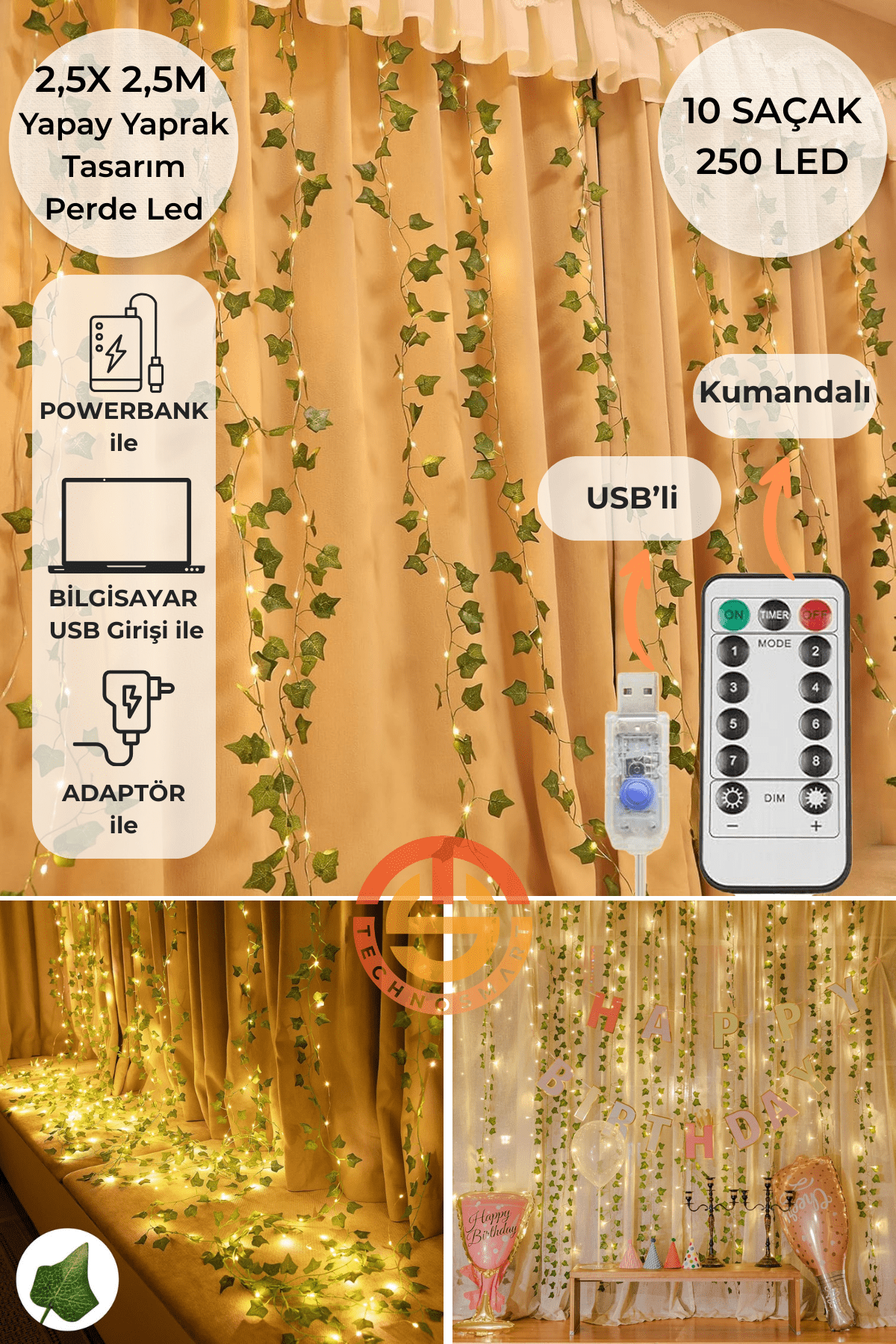 2.5x2.5m LED Perde Işık – 250 LED 10 Saçak Yapay Sarmaşık Desenli USB Kumandalı Dekoratif Aydınlatma