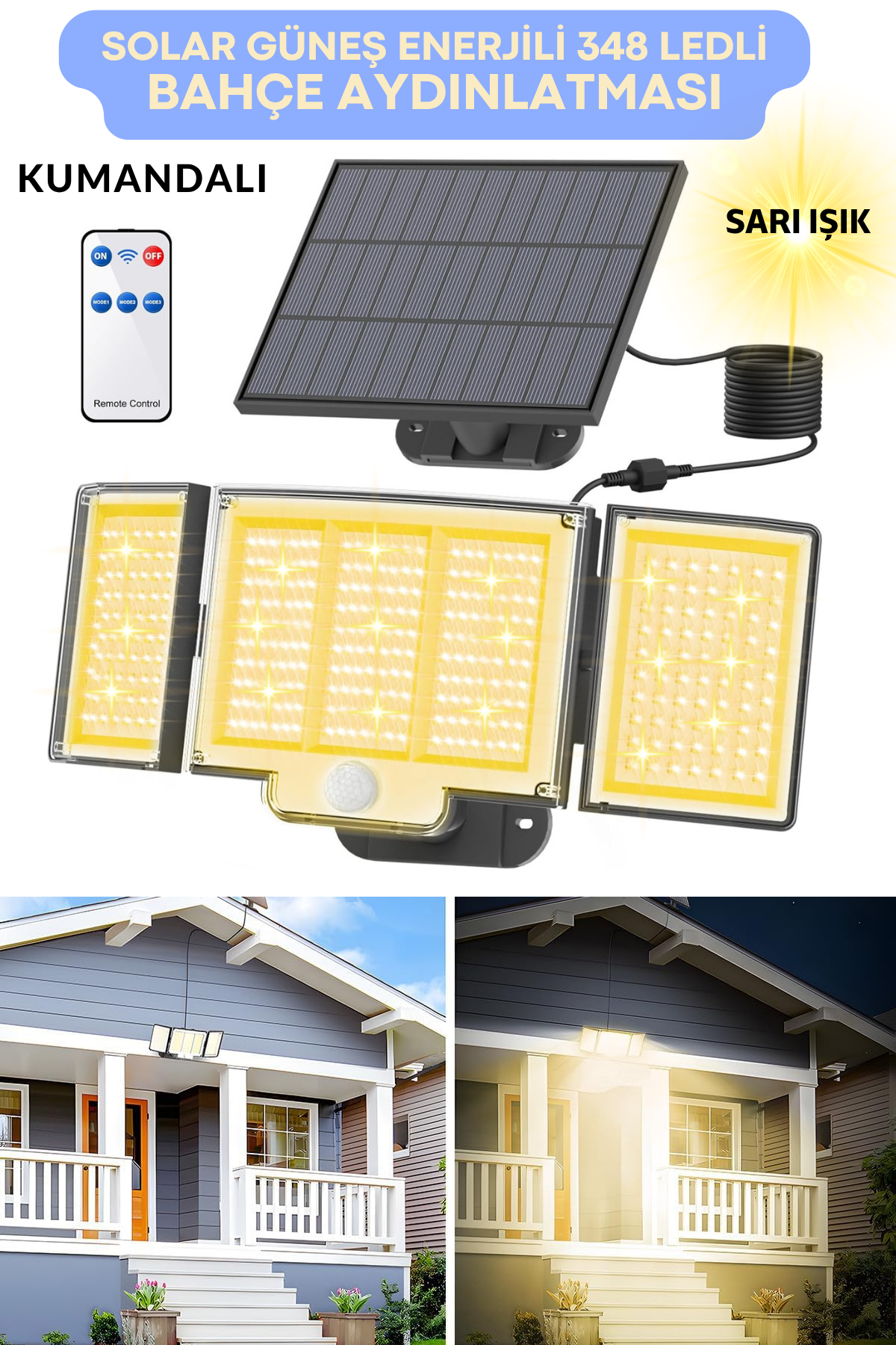 Technosmart Geniş Açılı Solar Projektör Bahçe Aydınlatma – 348 LED, Kumanda Kontrollü, Sarı Işık