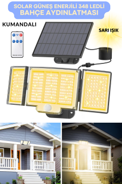 Technosmart Geniş Açılı Solar Projektör Bahçe Aydınlatma – 348 LED, Kumanda Kontrollü, Sarı Işık
