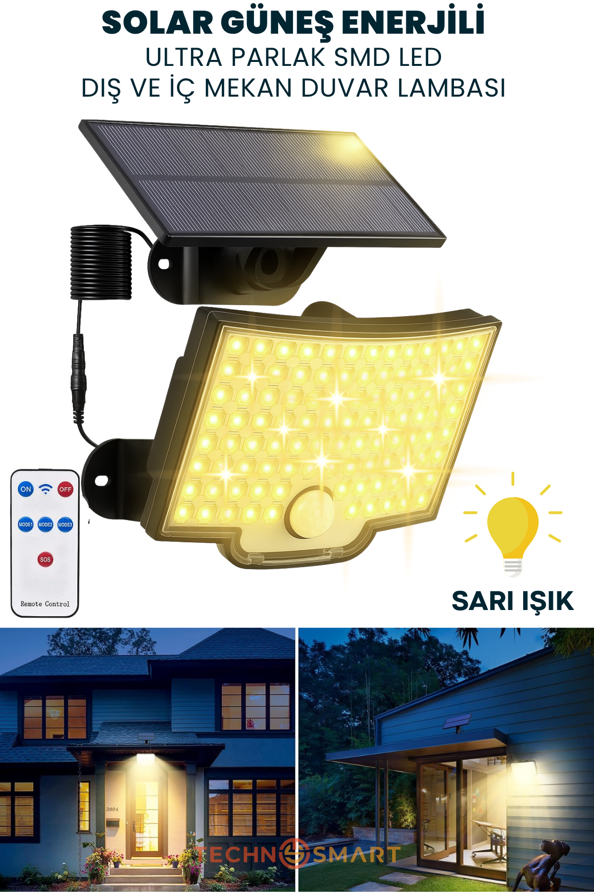 Technosmart Güneş Enerjili Bahçe Aydınlatması – 106 LED, Sarı Işık, Kumandalı IP65 Solar Duvar Lamba